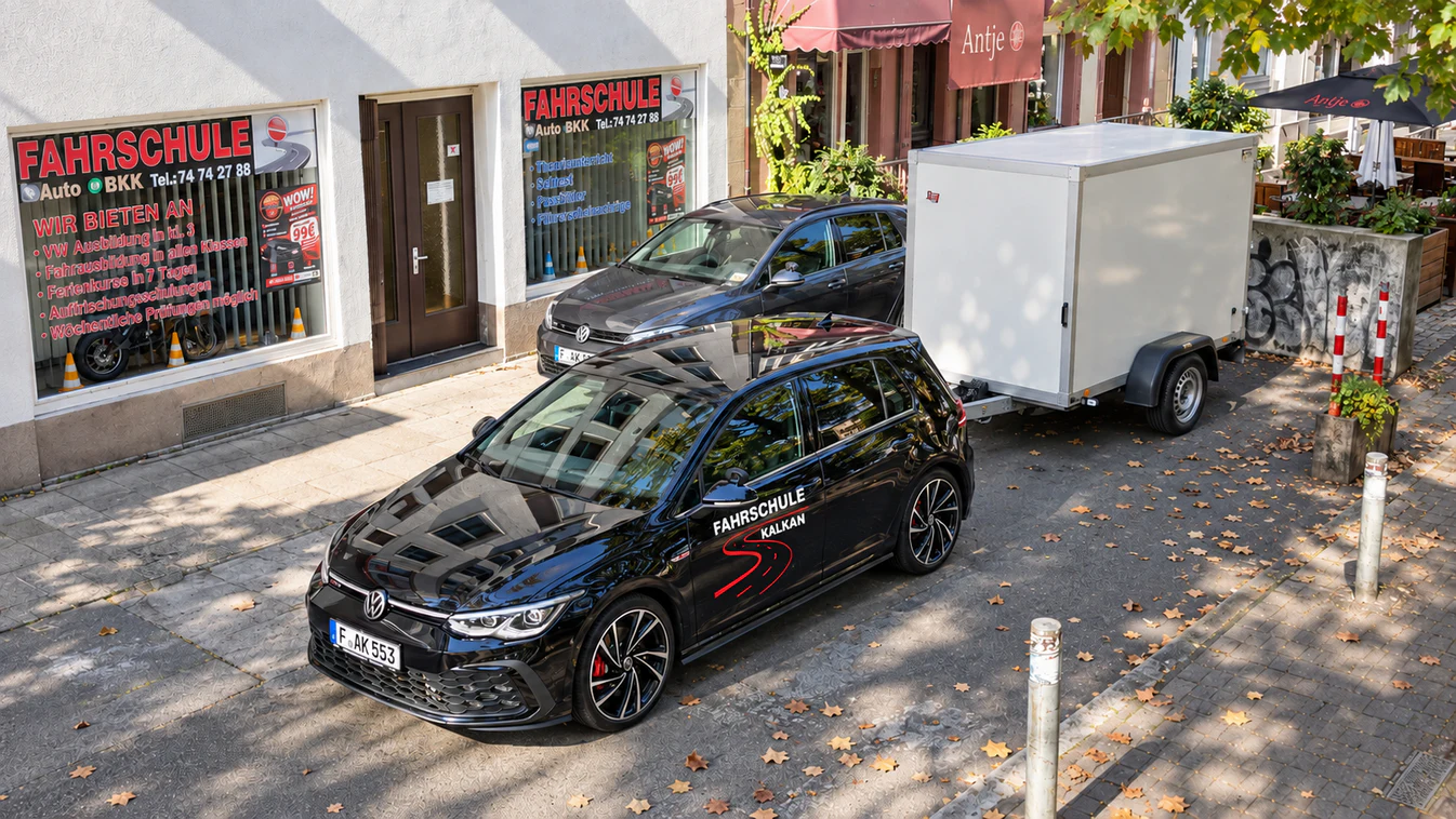 Schwarzes Fahrschulauto mit weißem Anhänger vor der Fahrschule Kalkan