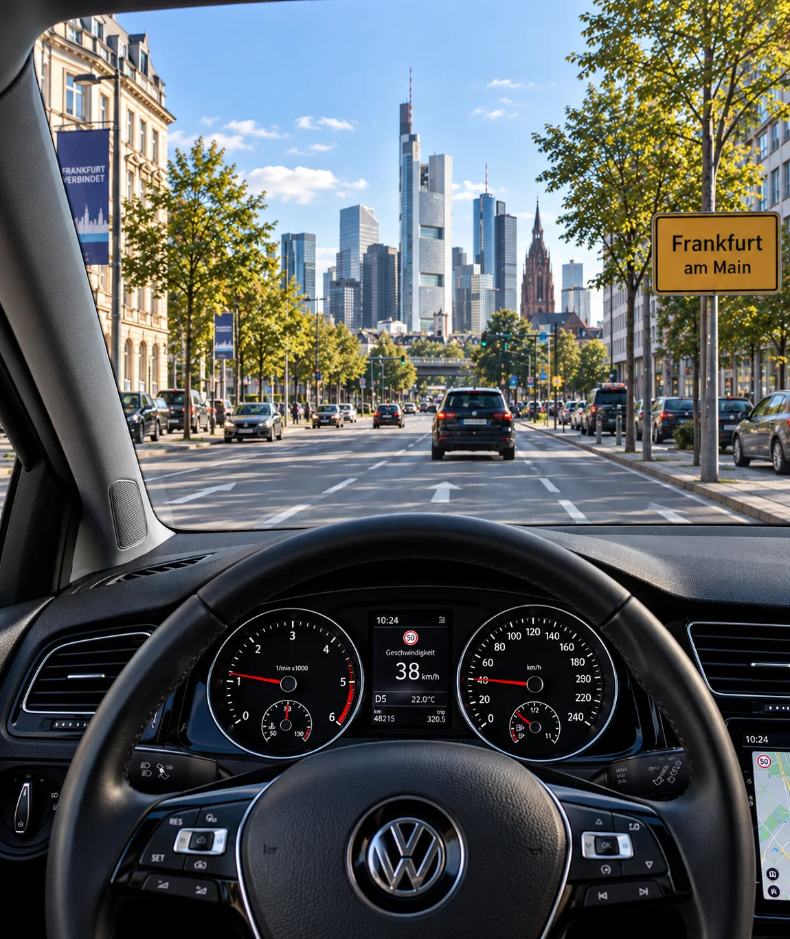 Blick aus einem VW-Cockpit auf Frankfurt und ein Ortsschild Frankfurt am Main
