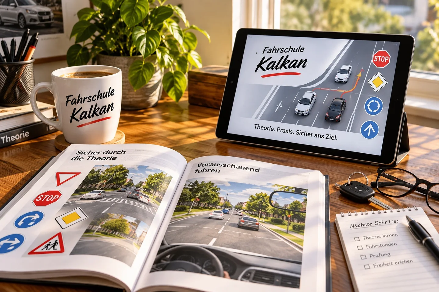 Lernbuch, Fahrschule-Kalkan-Tasse und Tablet mit einer Verkehrssituation